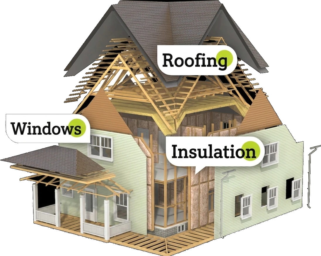Cutaway illustration of a home showing roofing, windows, and insulation