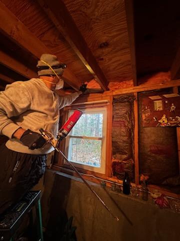 Spray foam insulation applied at rim joists